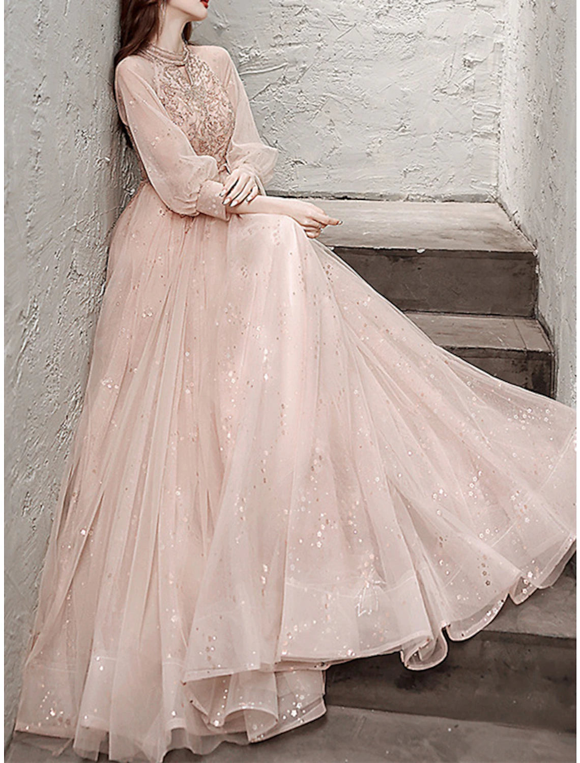 A-Line Sparkle Princess Prom Formal Evening Dress Jewel Neck Long Sleeve Floor Length Tulle with Pleats Beading Sequin